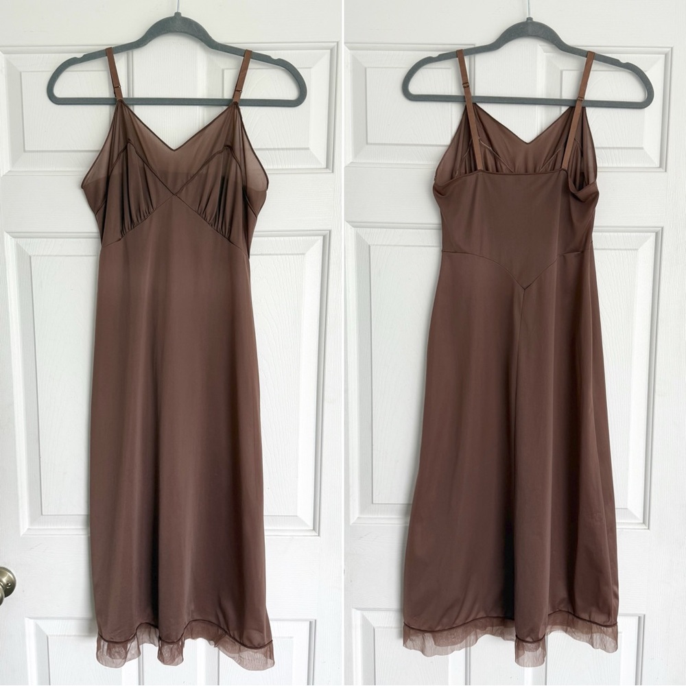 Brown Vintage Vanity Fair Nylon Slip Dress w/ Adjustable Straps